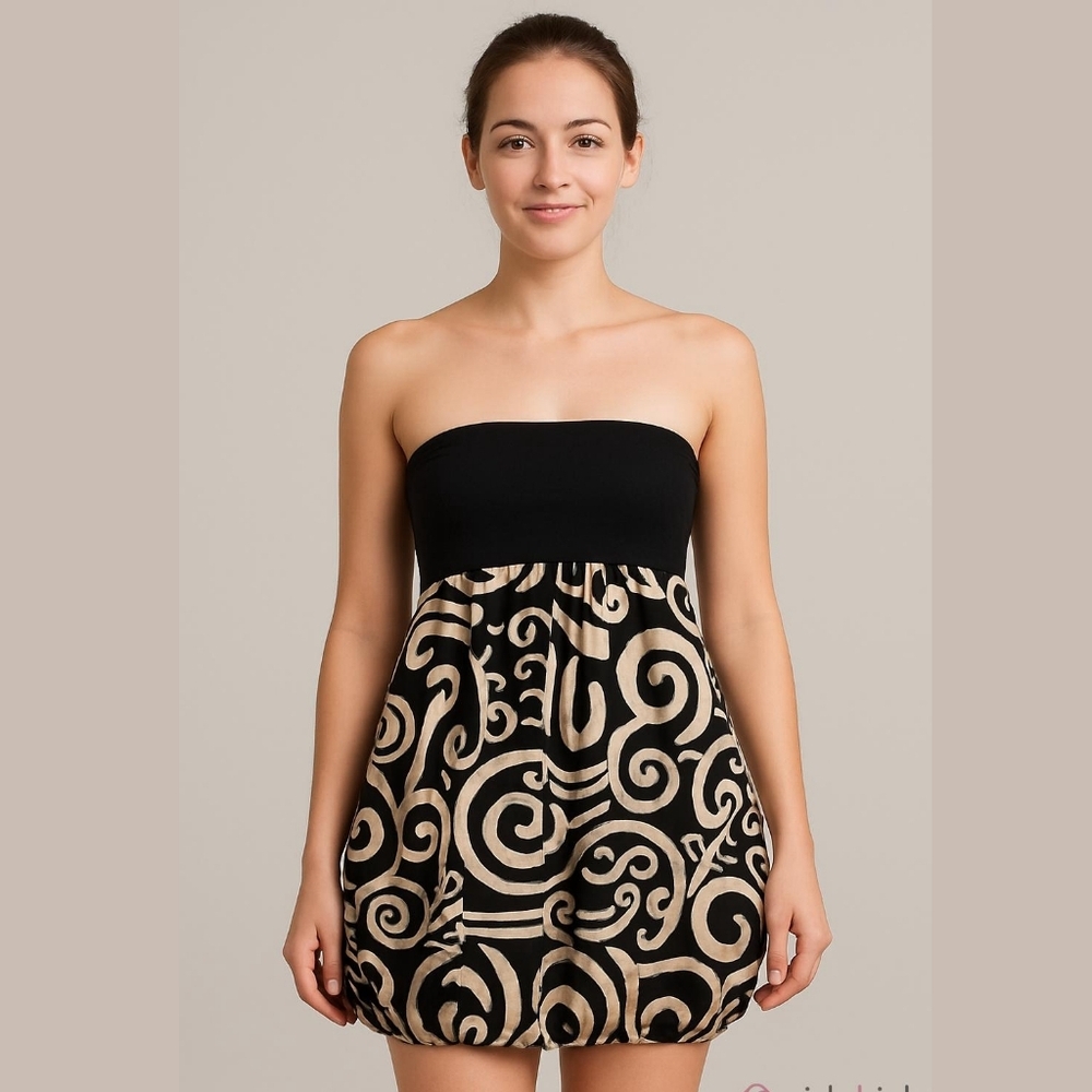 Gold and Black Elegant Strapless Bubble Hem Cocktail Mini Dress